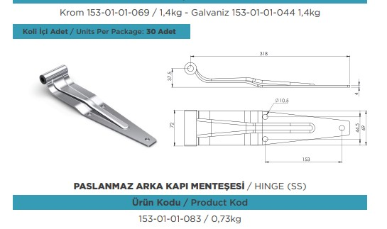 DONDURMA KASA ARKA KAPI MENTESESI KROM 10,5 MM DELIKLI